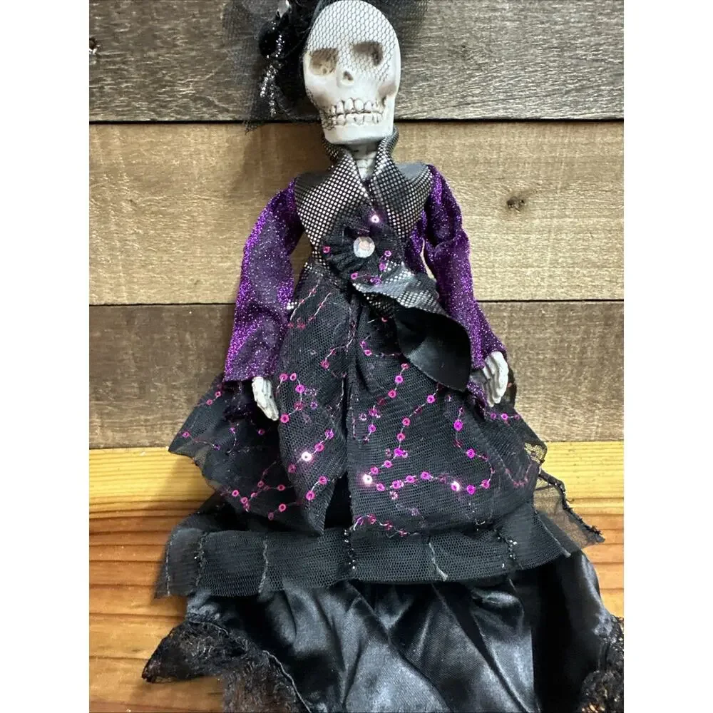 Halloween Skeleton Shelf Sitter black Dress Purple Tulle 18” Figurine